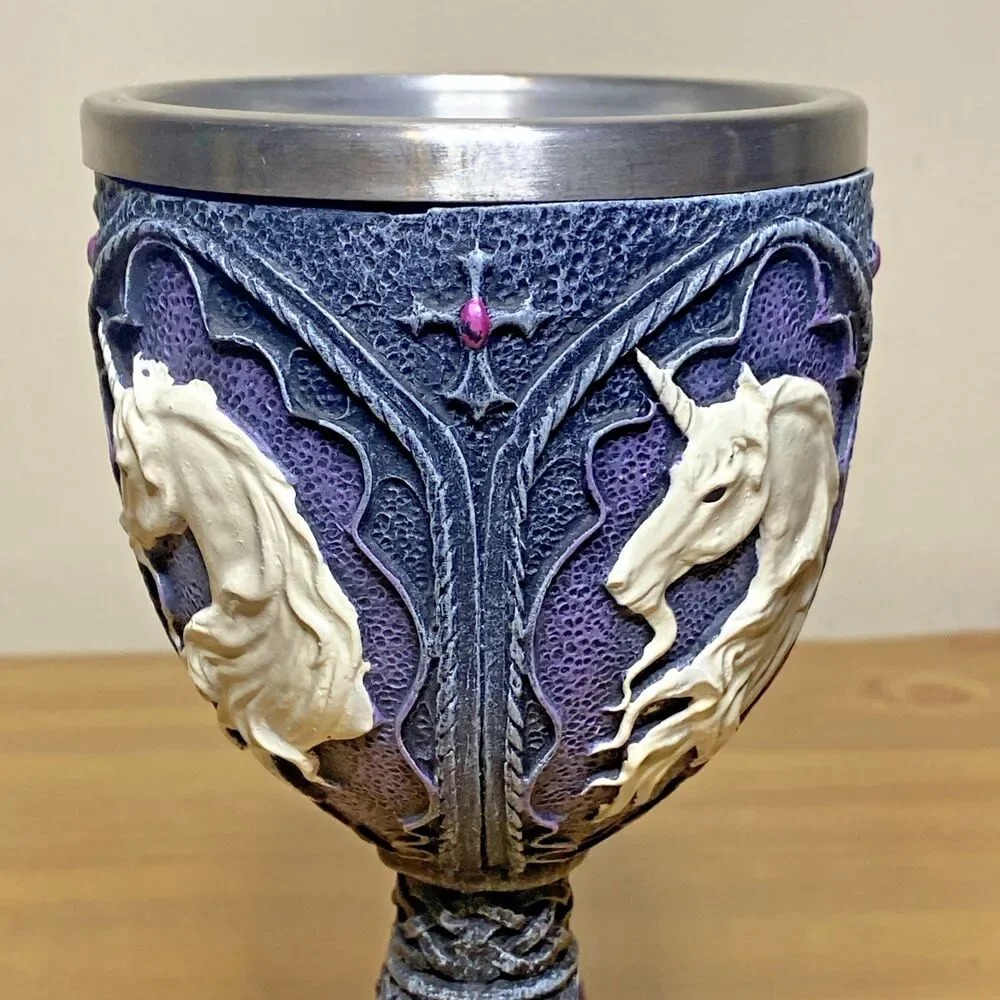 Unicorn Goblet Celtic Meidevel Halloween  Purple Stone 7.5” Remove Steel Insert